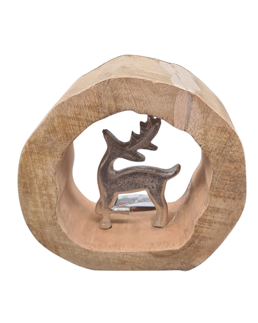 Holzring mit Hirsch – Weihnachtsdeko aus Mangoholz & Aluminium