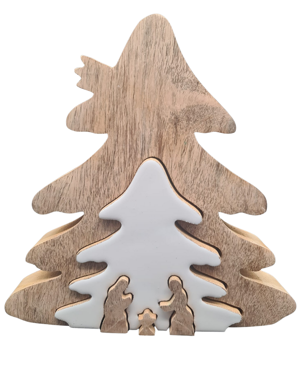Holzweihnachtsbaum mit Krippenszene – Weihnachtsdeko aus Naturholz & Weißlack