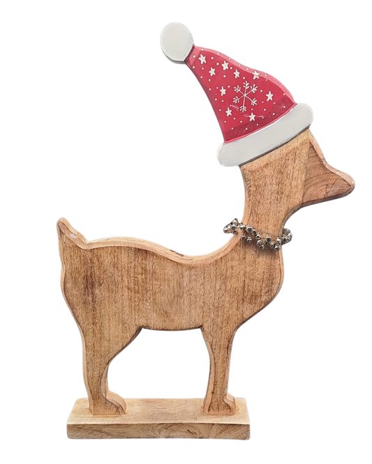 Holz Rentier Figur mit Weihnachtsmütze & Glöckchen