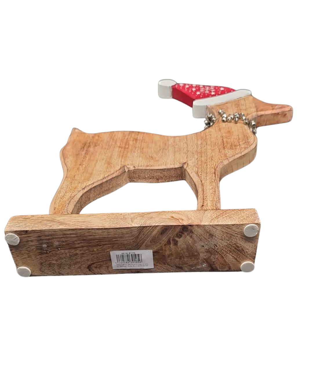 Holz Rentier Figur mit Weihnachtsmütze & Glöckchen
