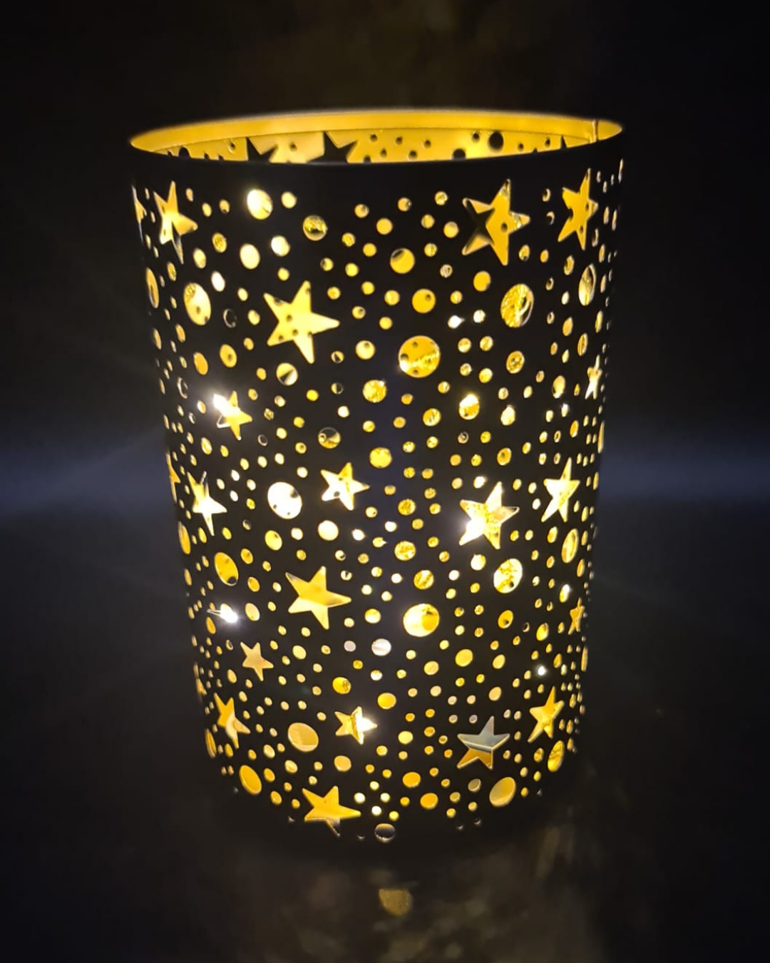 Windlicht Schwarz-Gold mit Sternenmuster