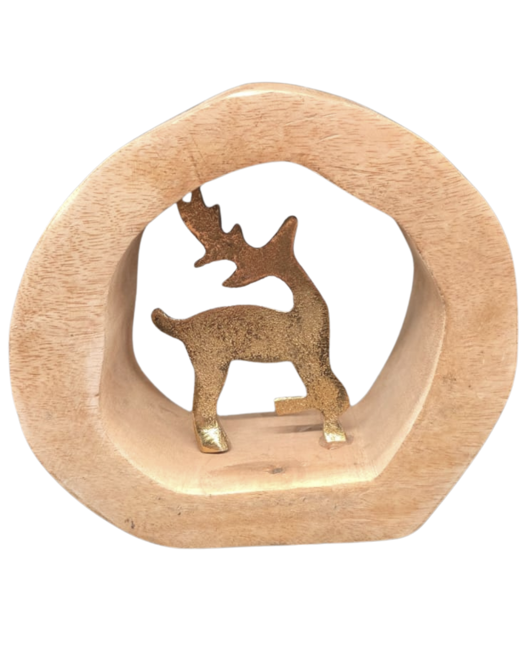 Edler Hirsch im Holzring – goldfarbenes Aluminium auf Mangoholz | 17×17×6 cm