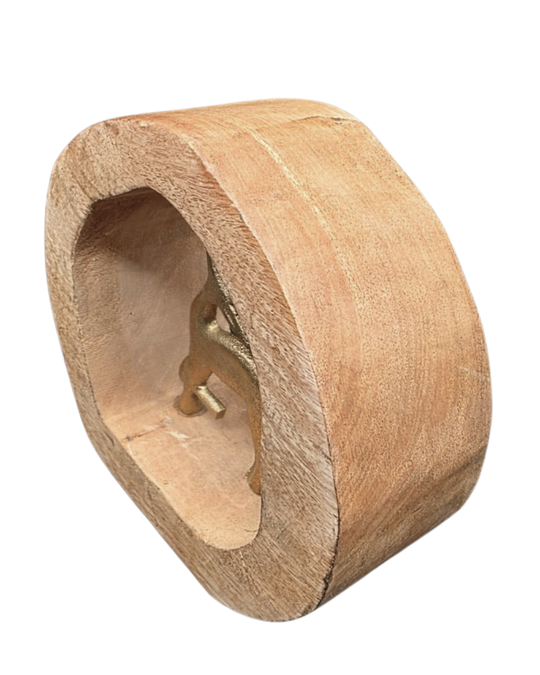 Edler Hirsch im Holzring – goldfarbenes Aluminium auf Mangoholz | 17×17×6 cm