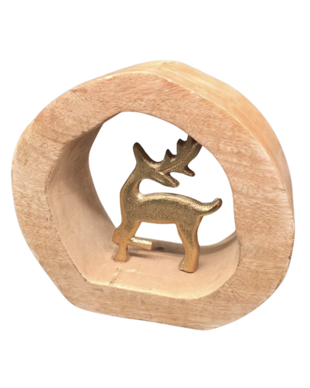 Edler Hirsch im Holzring – goldfarbenes Aluminium auf Mangoholz | 17×17×6 cm