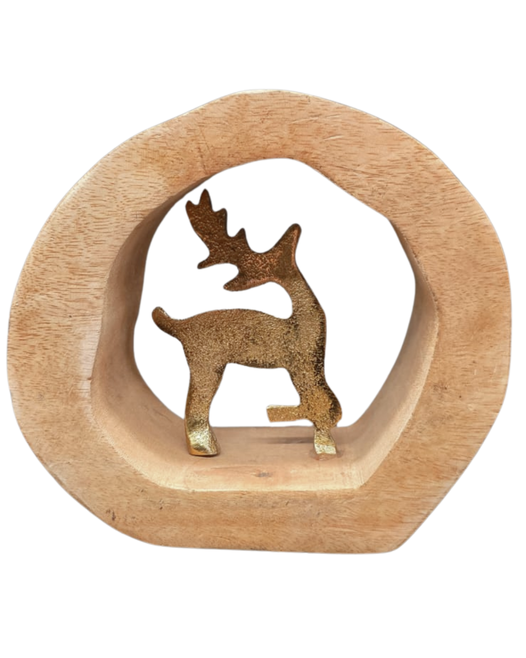 Edler Hirsch im Holzring – goldfarbenes Aluminium auf Mangoholz | 17×17×6 cm